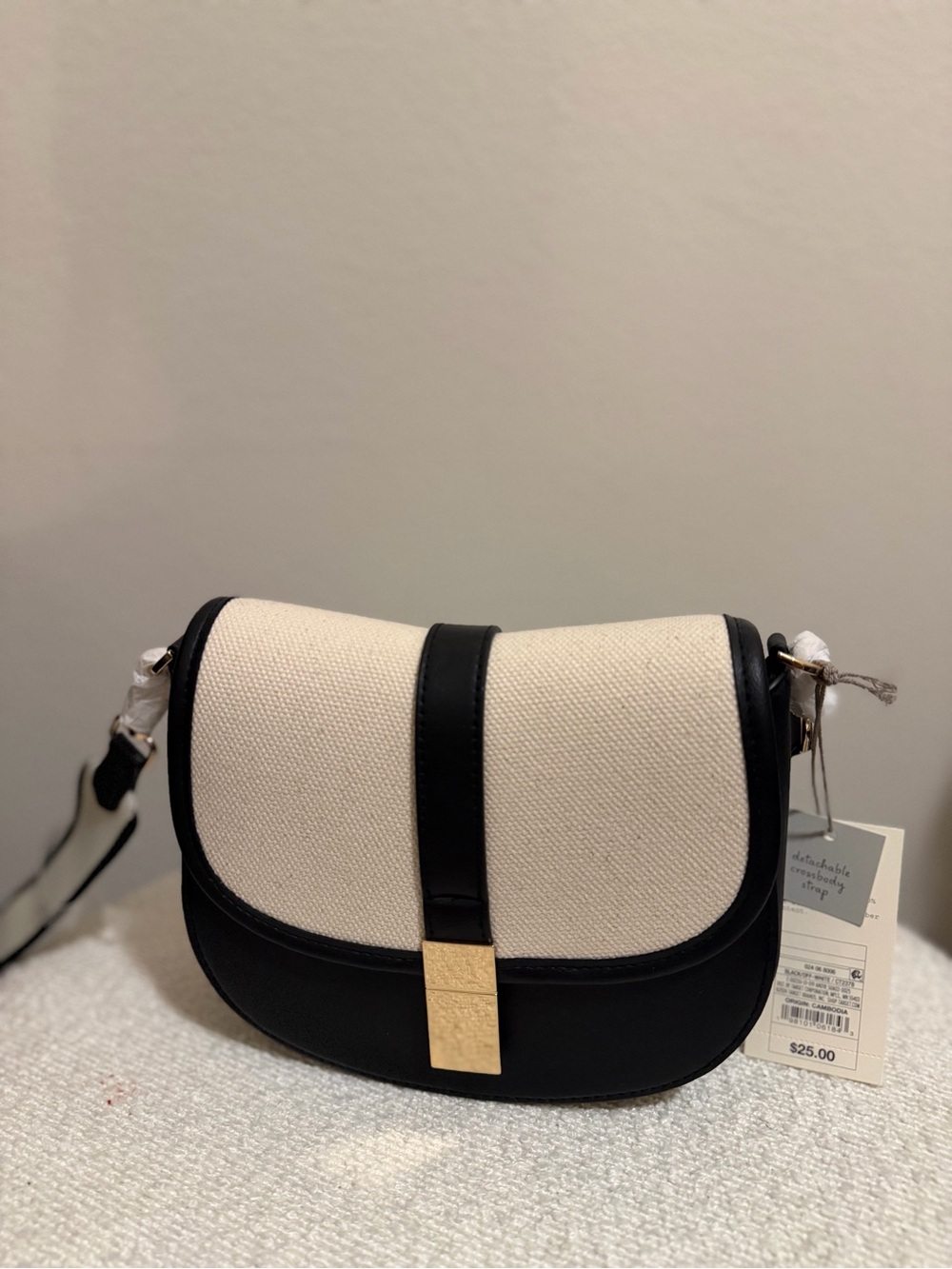 Neutral Canvas and Black Saddle Bag with Gold Accent